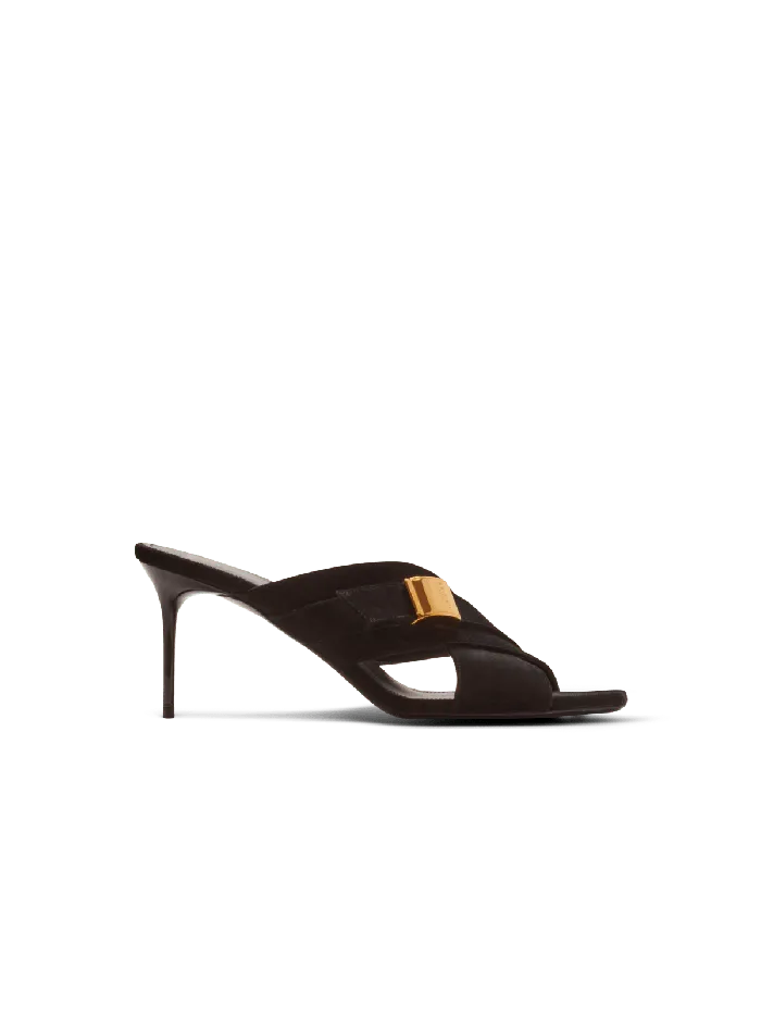 Balmain Uma Mules In Suede Leather Black Women High Heels and Pumps