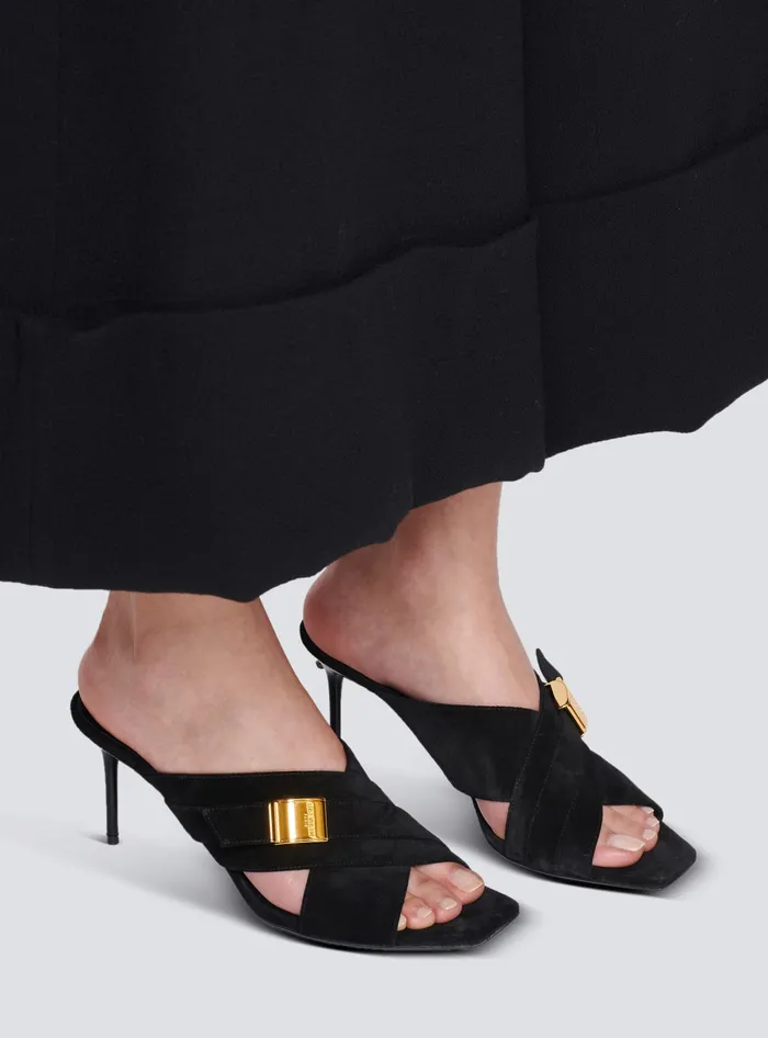 Balmain Uma Mules In Suede Leather Black Women High Heels and Pumps