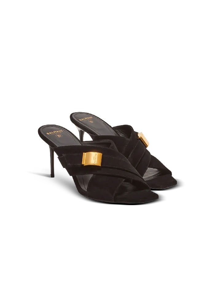 Balmain Uma Mules In Suede Leather Black Women High Heels and Pumps