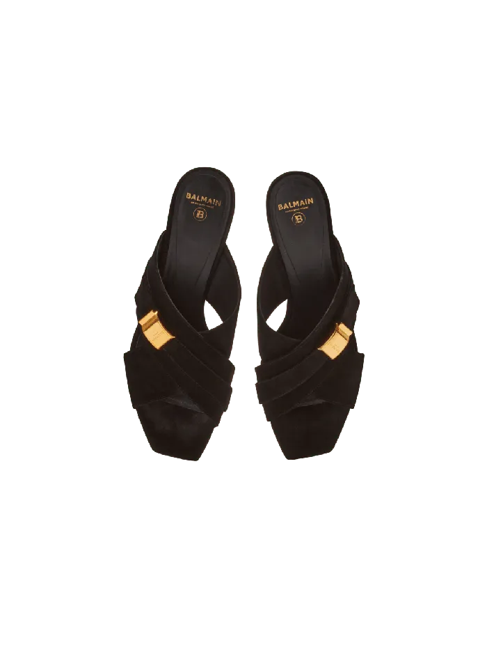 Balmain Uma Mules In Suede Leather Black Women High Heels and Pumps