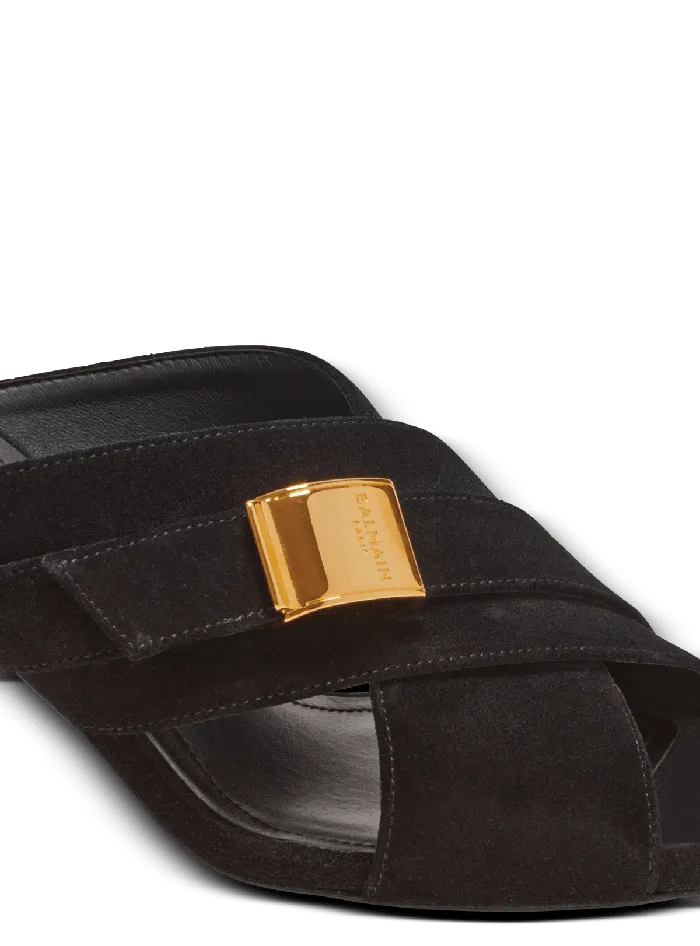 Balmain Uma Mules In Suede Leather Black Women High Heels and Pumps