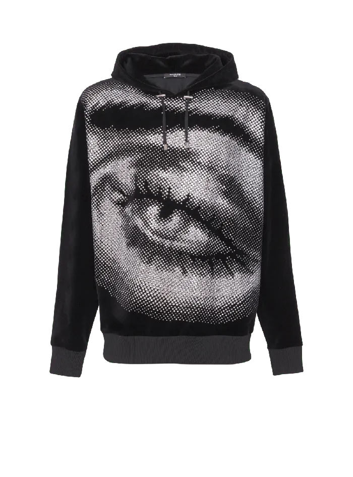 Balmain Velvet Hoodie With Crystals In An Eye Motif Black Men Sweatshirts