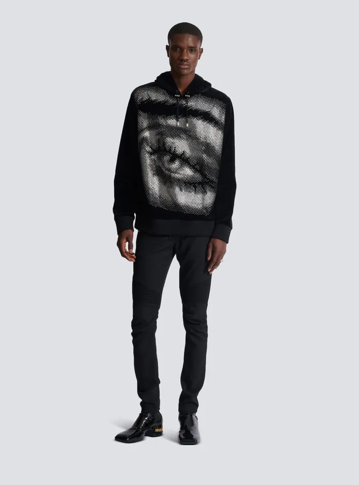 Balmain Velvet Hoodie With Crystals In An Eye Motif Black Men Sweatshirts
