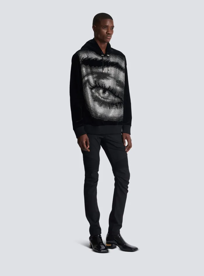 Balmain Velvet Hoodie With Crystals In An Eye Motif Black Men Sweatshirts