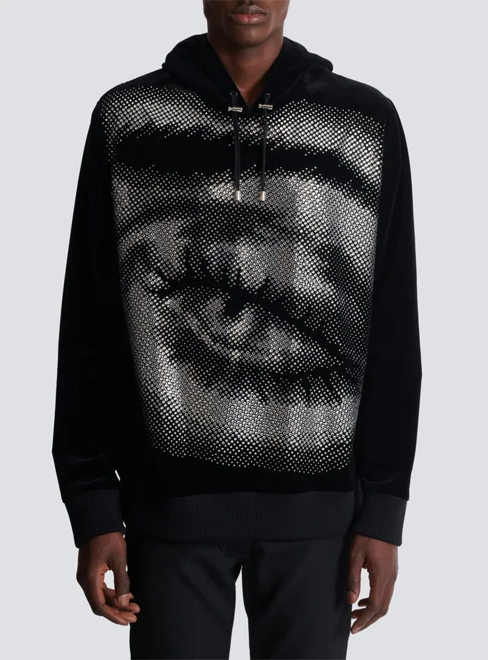 Balmain Velvet Hoodie With Crystals In An Eye Motif Black Men Sweatshirts