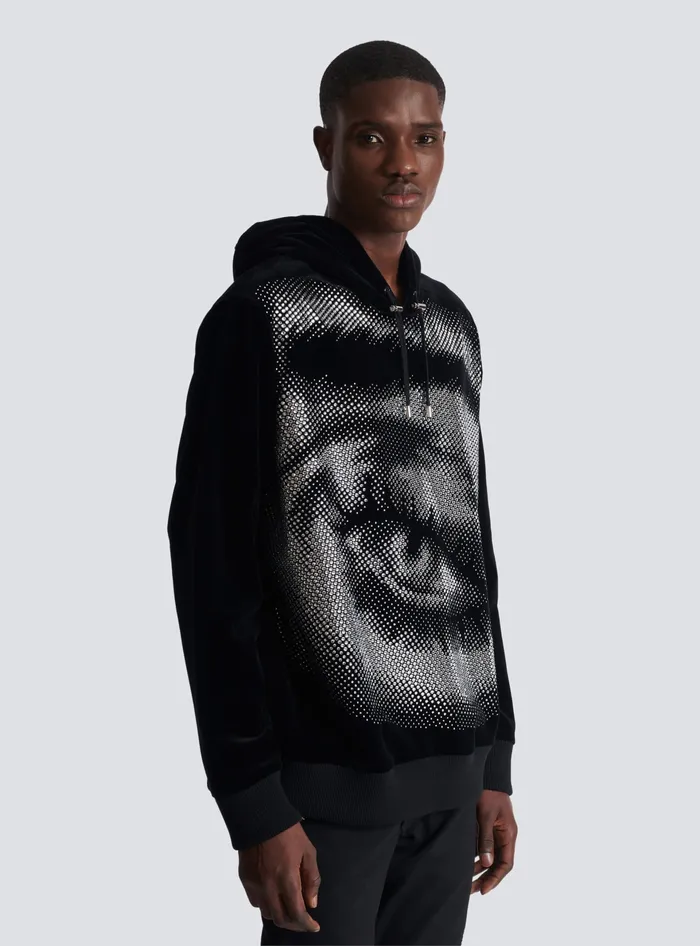 Balmain Velvet Hoodie With Crystals In An Eye Motif Black Men Sweatshirts