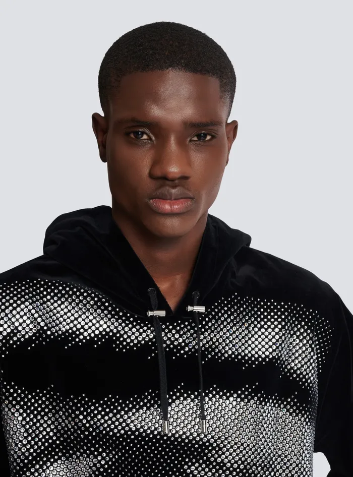 Balmain Velvet Hoodie With Crystals In An Eye Motif Black Men Sweatshirts