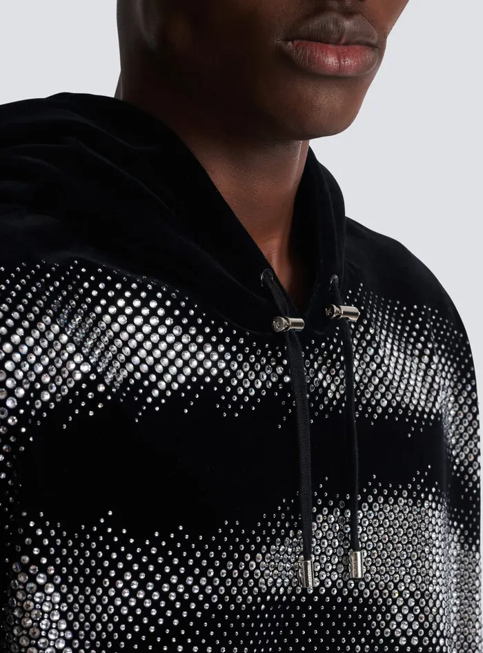 Balmain Velvet Hoodie With Crystals In An Eye Motif Black Men Sweatshirts