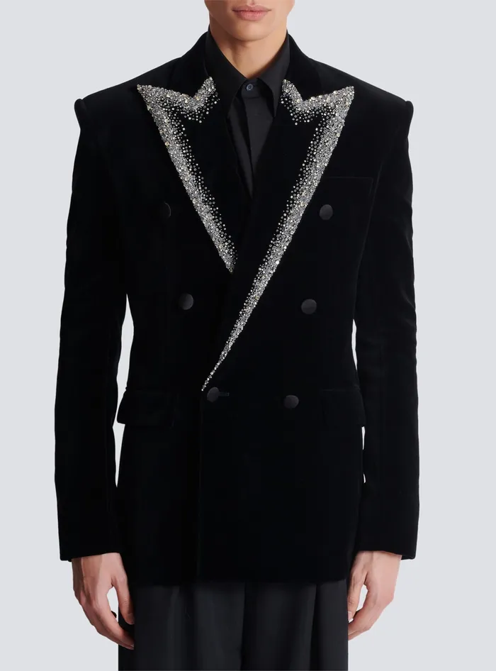 Balmain Velvet Jacket With Embroidered Collar Black Men Jackets And Blazers