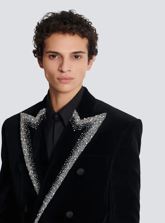 Balmain Velvet Jacket With Embroidered Collar Black Men Jackets And Blazers