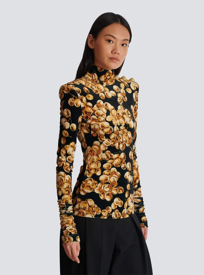 Balmain Velvet Top With Grape Print Gold Women Tops And Shirts