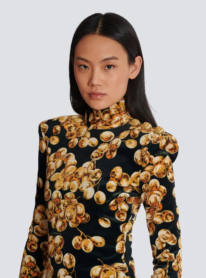 Balmain Velvet Top With Grape Print Gold Women Tops And Shirts