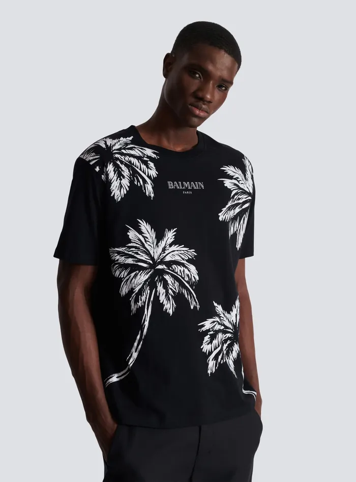 Balmain Vintage Tshirt With Palm Tree Print Black Men TShirts