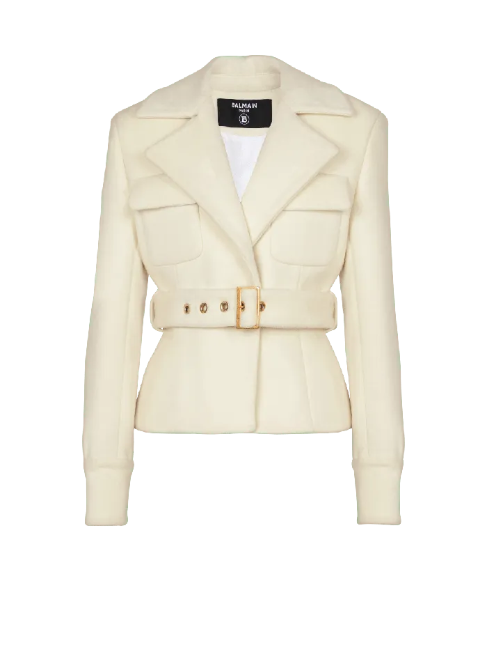 Balmain Wool Belted Coat Beige Women Outerwear