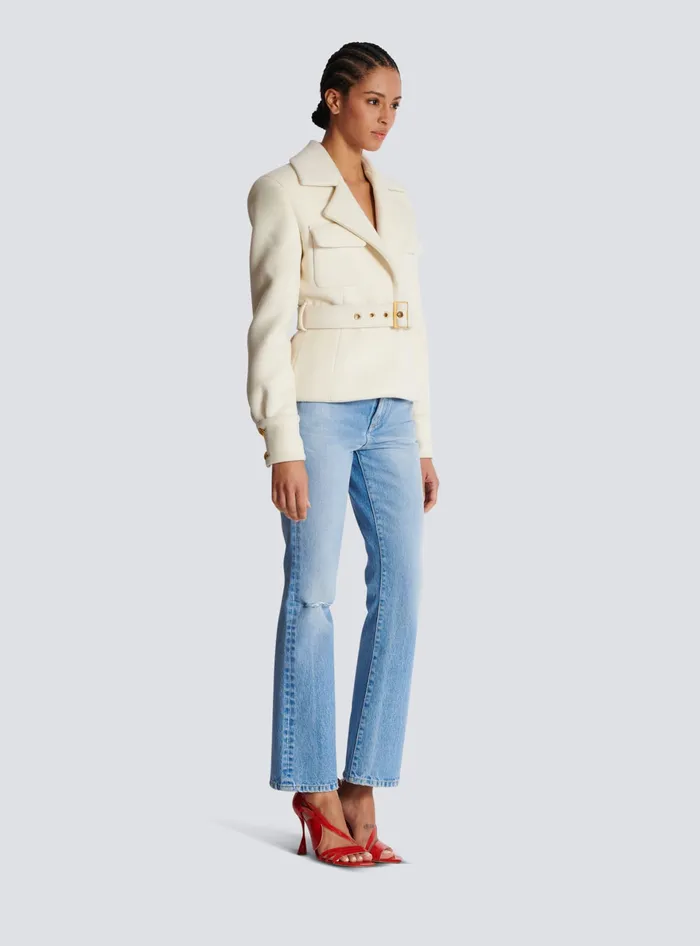 Balmain Wool Belted Coat Beige Women Outerwear
