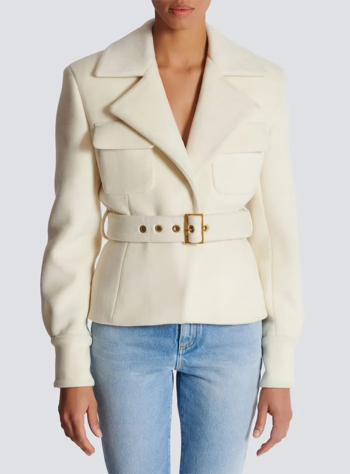 Balmain Wool Belted Coat Beige Women Outerwear