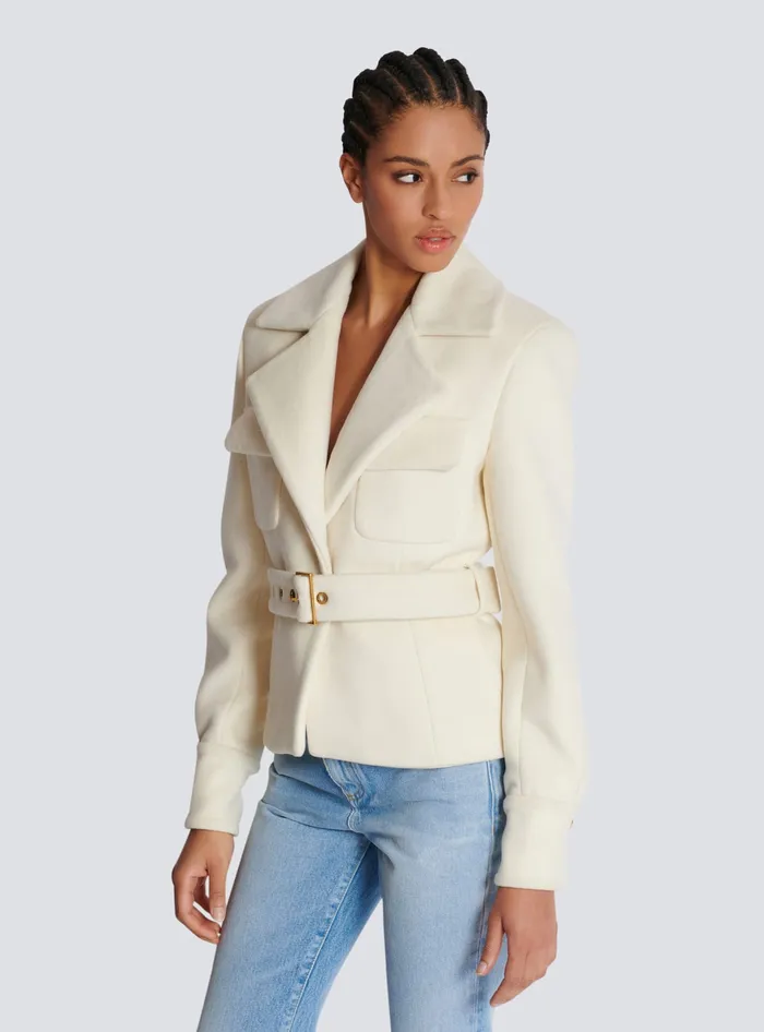 Balmain Wool Belted Coat Beige Women Outerwear