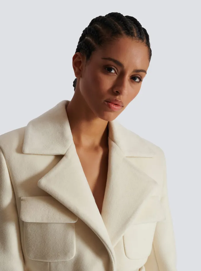 Balmain Wool Belted Coat Beige Women Outerwear