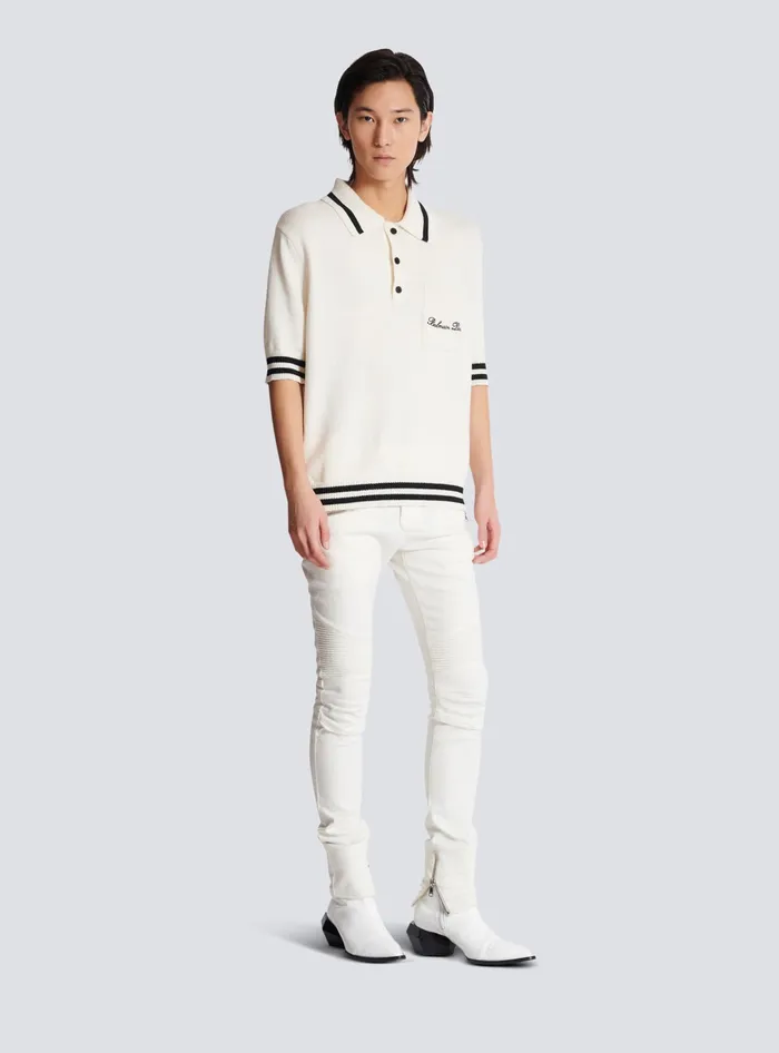 Balmain Wool Polo Shirt With Signature Embroidery White Men Shirts And Polos