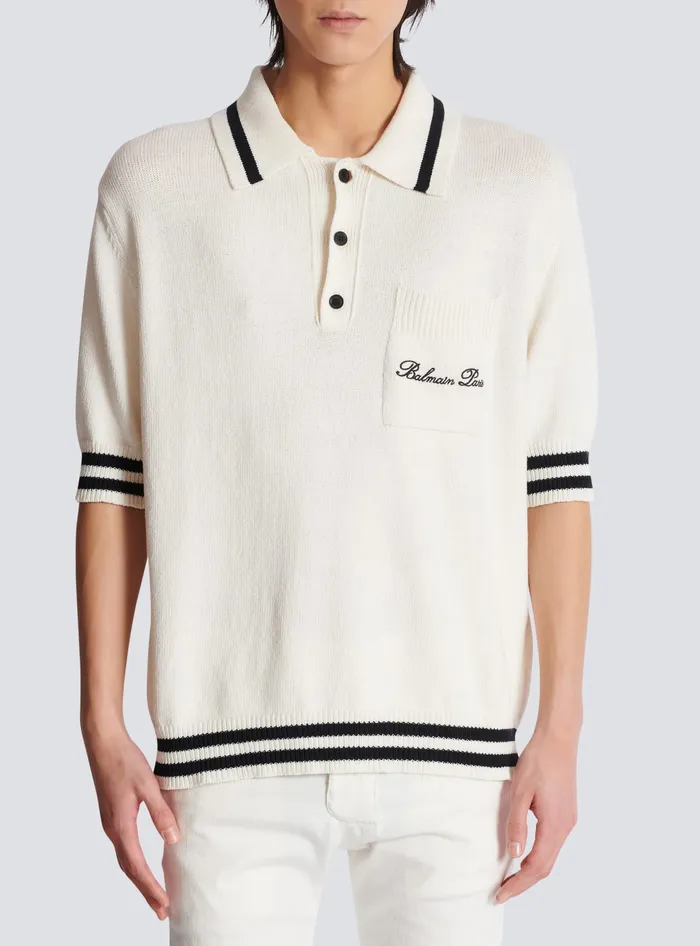 Balmain Wool Polo Shirt With Signature Embroidery White Men Shirts And Polos