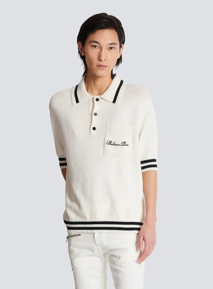 Balmain Wool Polo Shirt With Signature Embroidery White Men Shirts And Polos