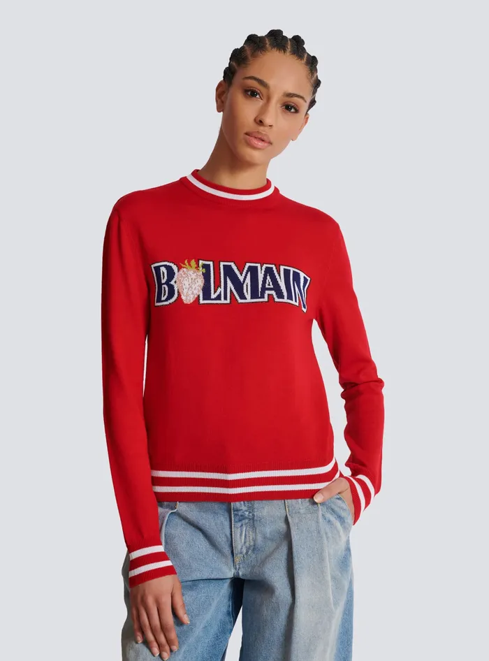 Balmain Wool Strawberry Jumper Red Women Knitwear