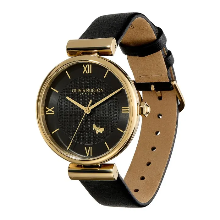Bee Watches Women Olivia Burton 36mm Minima Bee TBar Gold and Black Leather Strap Watch