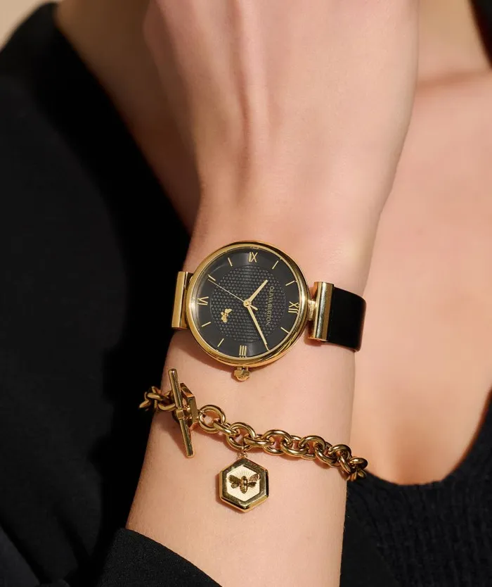 Bee Watches Women Olivia Burton 36mm Minima Bee TBar Gold and Black Leather Strap Watch