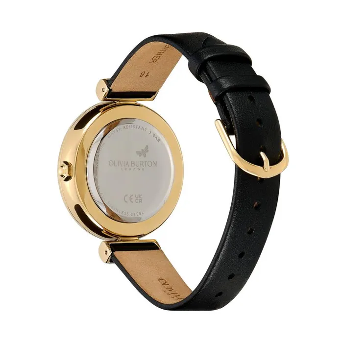 Bee Watches Women Olivia Burton 36mm Minima Bee TBar Gold and Black Leather Strap Watch