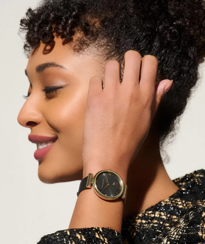 Bee Watches Women Olivia Burton 36mm Minima Bee TBar Gold and Black Leather Strap Watch