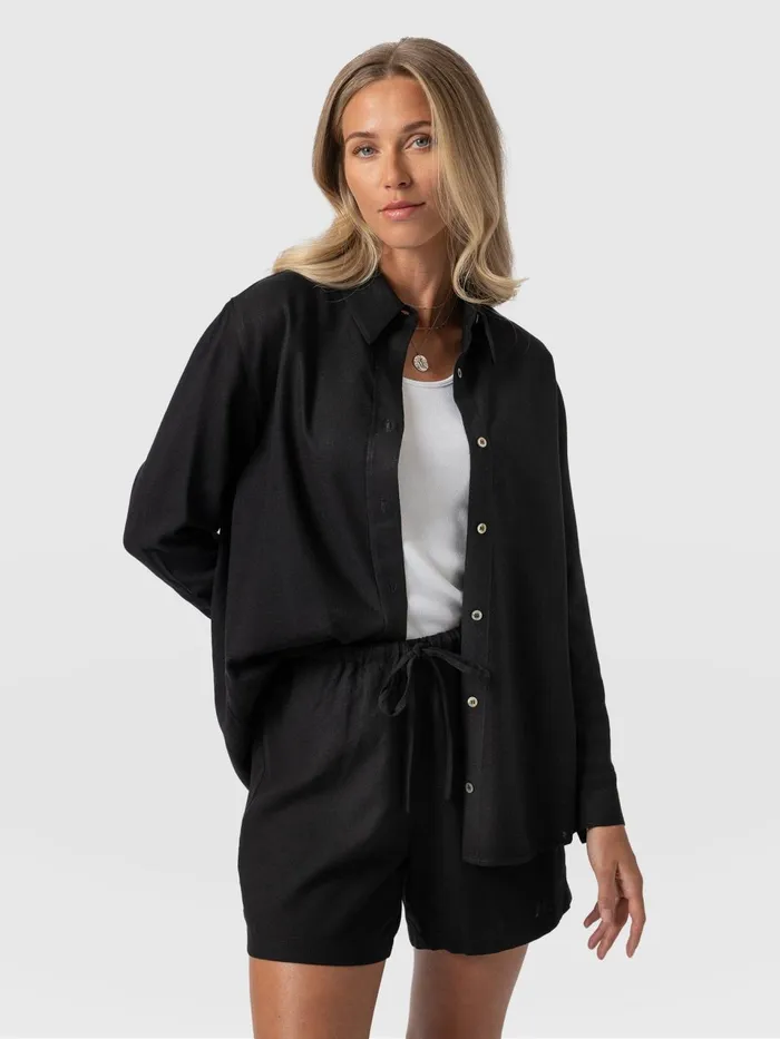 Boyfriend Shirt 8211 Black Linen Black Linen Women Saint And Sofia Blouses and Shirts
