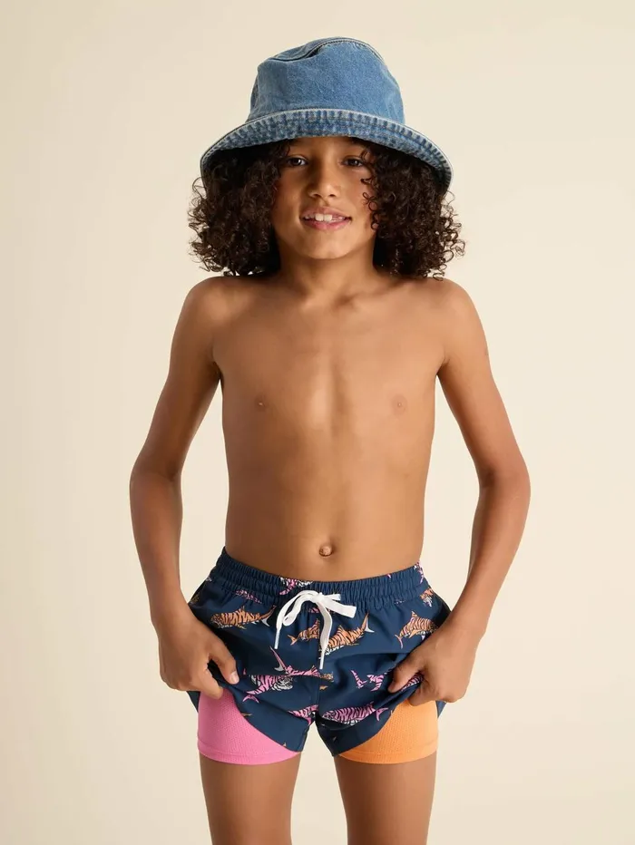 Chubbies Boys XsXl Swim The King Of The Seas Navy Tiger Sharksorange Liner