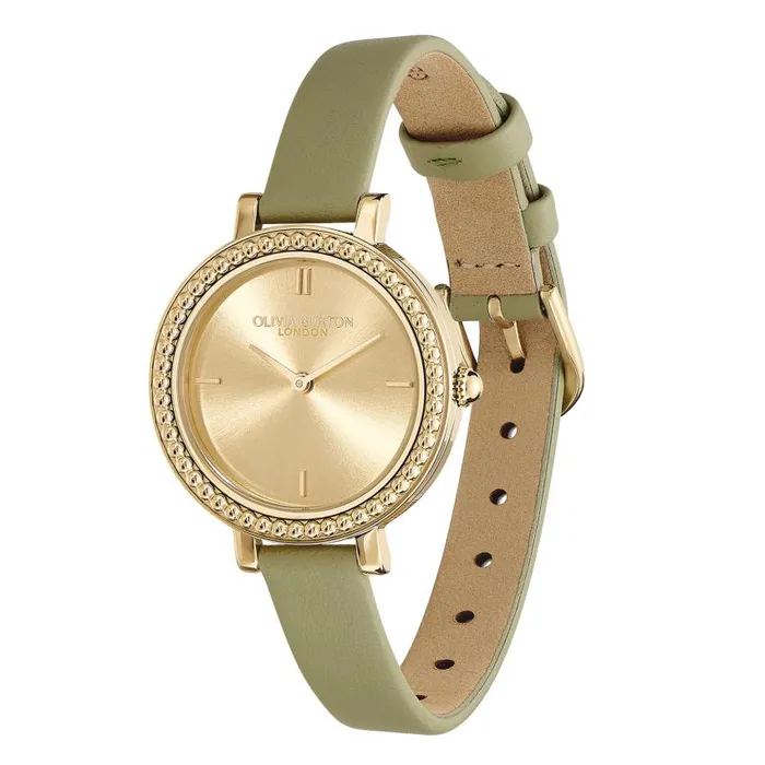 Classic Watches Women Olivia Burton 30mm Vintage Bead Gold and Sage Green Leather Strap Watch