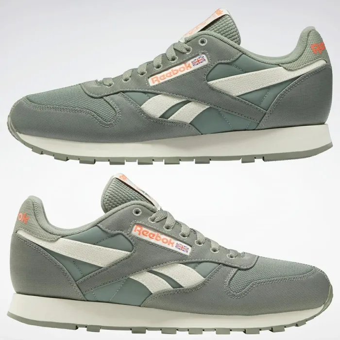 Classics Shoes MensWomens Reebok Classic Leather Shoes Harmony Green Classic White Orange Flare