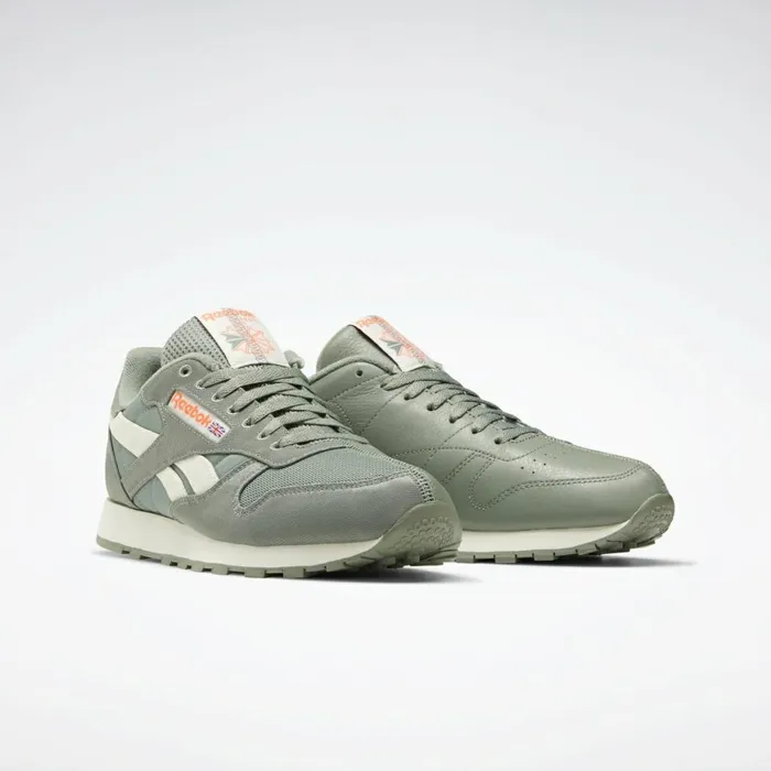 Classics Shoes MensWomens Reebok Classic Leather Shoes Harmony Green Classic White Orange Flare