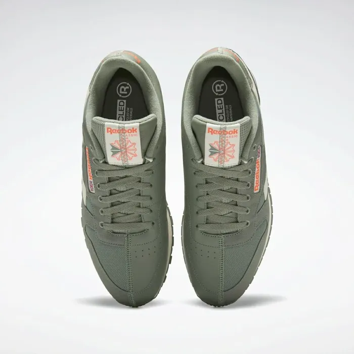 Classics Shoes MensWomens Reebok Classic Leather Shoes Harmony Green Classic White Orange Flare