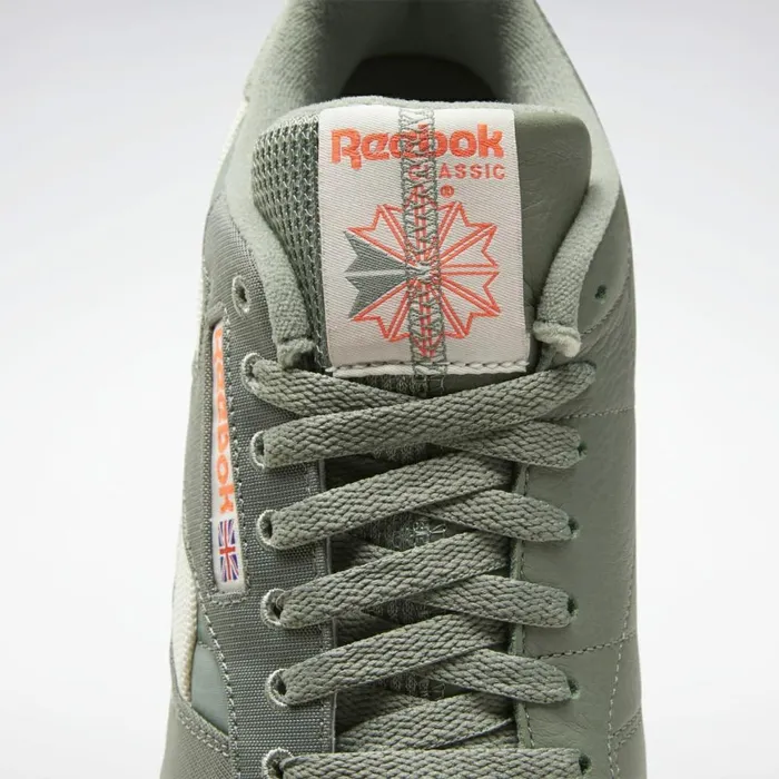 Classics Shoes MensWomens Reebok Classic Leather Shoes Harmony Green Classic White Orange Flare