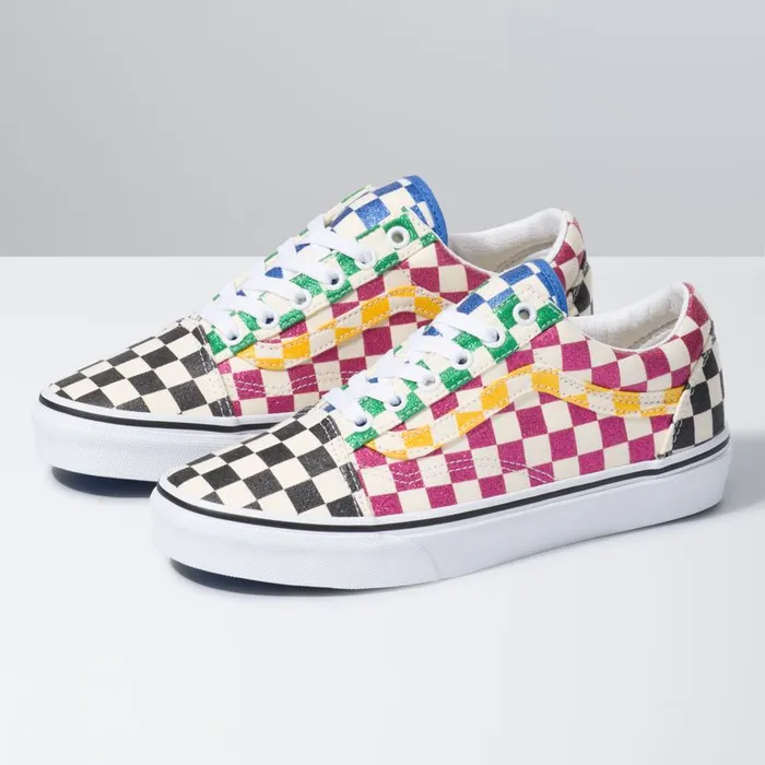 Classics Shoes Women Vans Glitter Check Old Skool Multitrue White