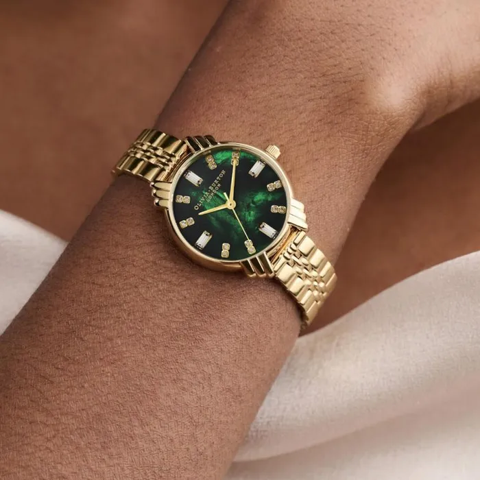 Color Dial Watches Women Olivia Burton 30mm Emerald and Gold Bracelet Watch
