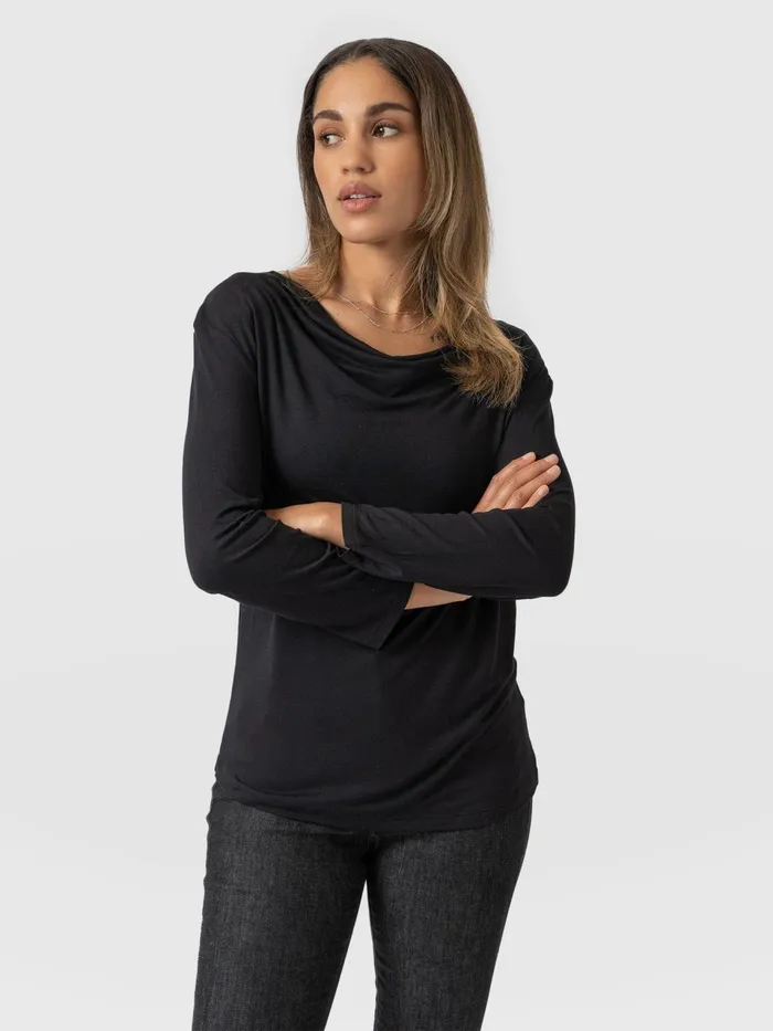 Cowl Neck Tee Long Sleeve 8211 Black Black Women Saint And Sofia TShirts and Tanks