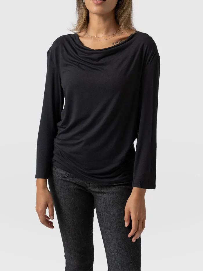 Cowl Neck Tee Long Sleeve 8211 Black Black Women Saint And Sofia TShirts and Tanks