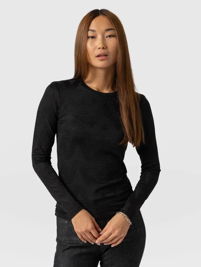 Darcey Long Sleeve Tee 8211 Black Jacquard Black Jacquard Women Saint And Sofia TShirts and Tanks Darcey Long Sleeve Tee 8211 Black Jacquard Black Jacquard Women Saint And Sofia TShirts and Tanks