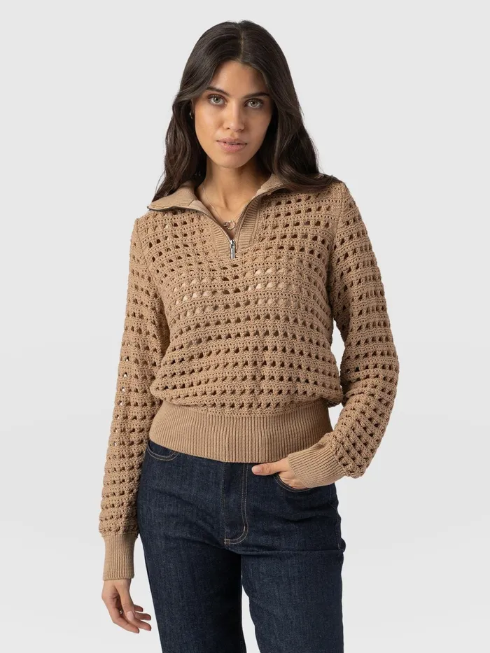 Ester Quarter Zip Knit 8211 Camel Camel Women Saint And Sofia Knitwear