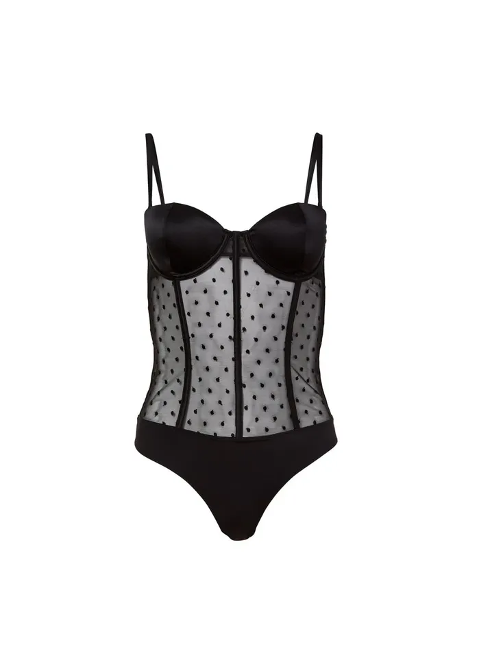 Fleur Du Mal Bodysuits Women Silk and Dotty Mesh Bodysuit Black