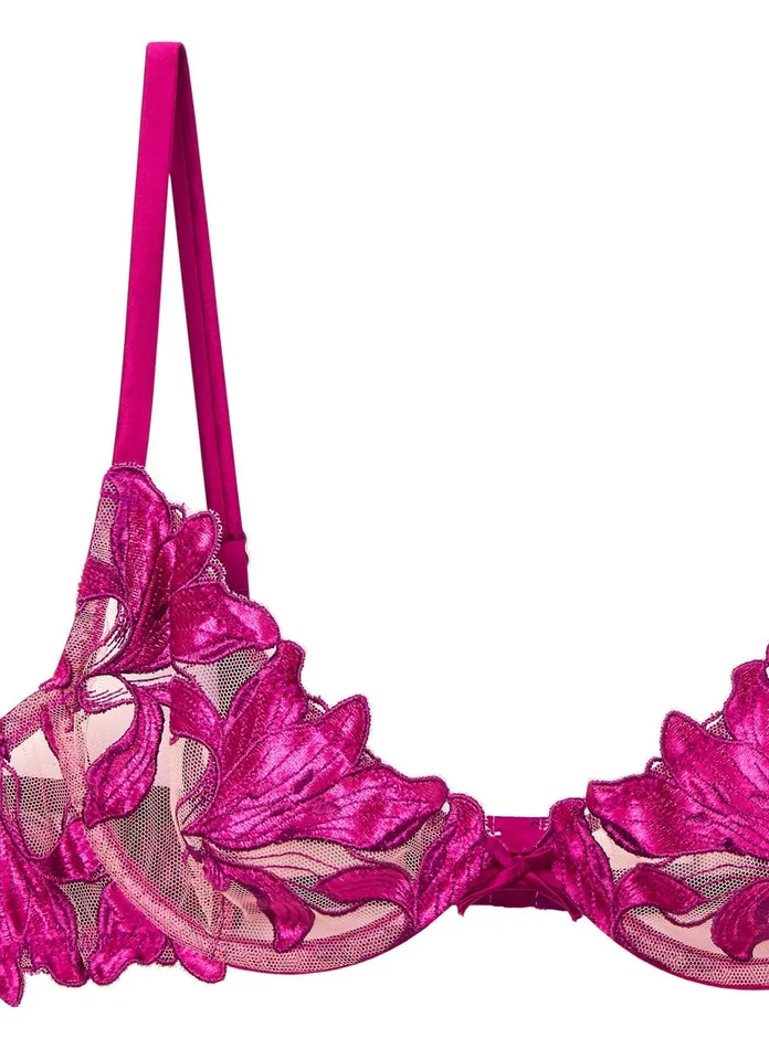 Fleur Du Mal Bras Women Velvet Lily Embroidery Plunge Demi Bra Magenta