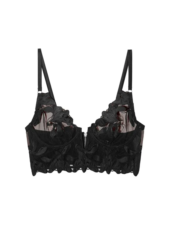 Fleur Du Mal Bustiers and Bra Tops Women Lily Embroidery Longline Demi Bra Black