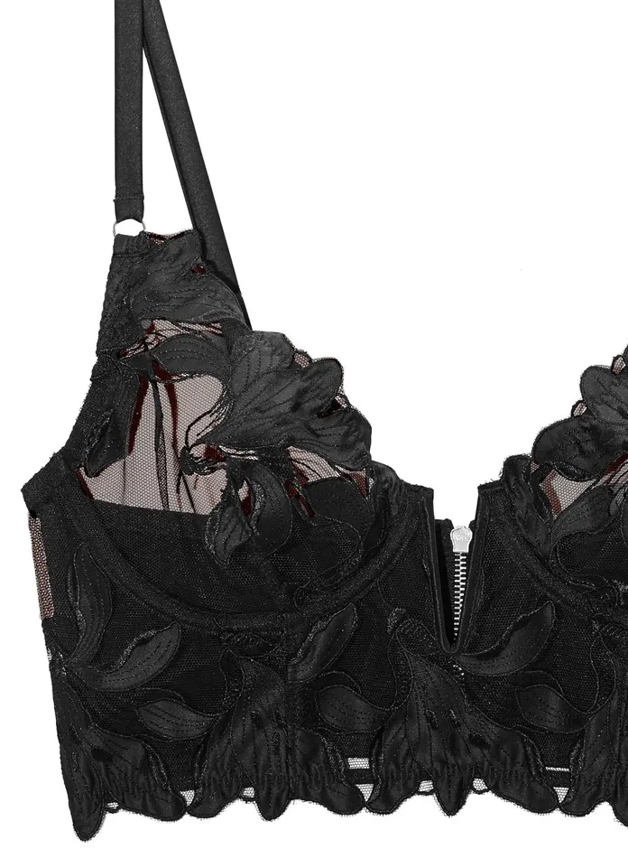 Fleur Du Mal Bustiers and Bra Tops Women Lily Embroidery Longline Demi Bra Black