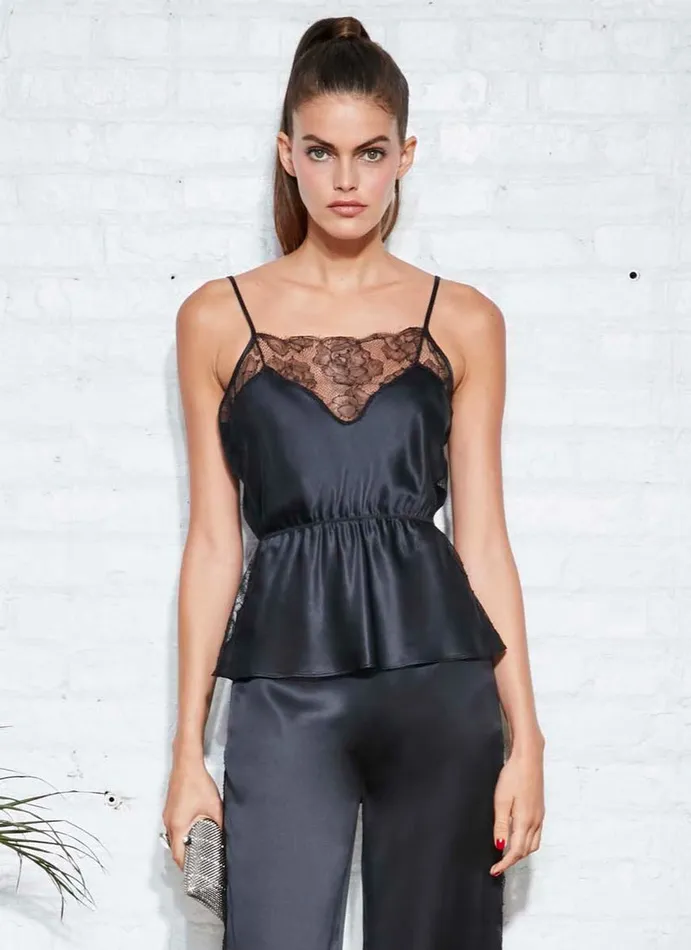Fleur Du Mal Camis and Tanks Women Satin Rose Lace Cami Black