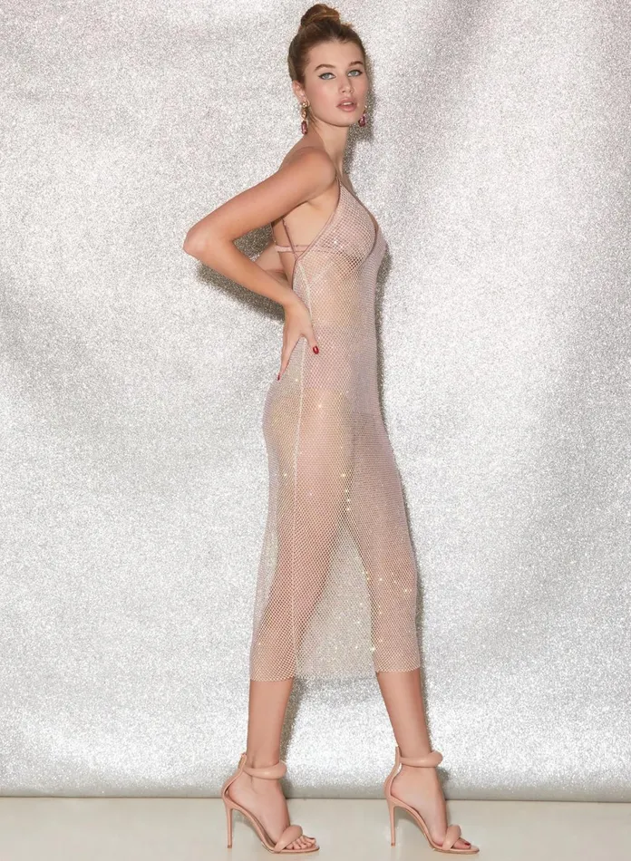 Fleur Du Mal Dresses Women Rhinestone Fishnet Slip Dress Tan