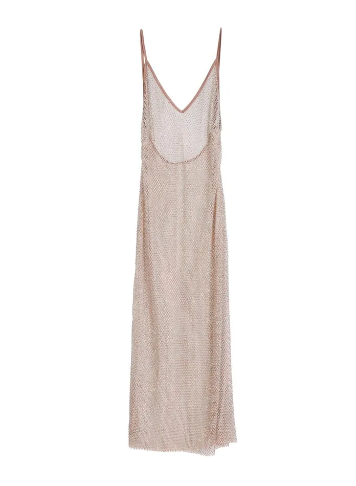 Fleur Du Mal Dresses Women Rhinestone Fishnet Slip Dress Tan